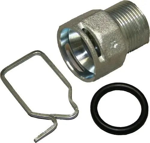 BOSCH Fitting mit gewinde, darunter ein Metallclip und eine schwarze Dichtung. Geeignet zur Verbindung von Rohren in verschiedenen Anwendungen.